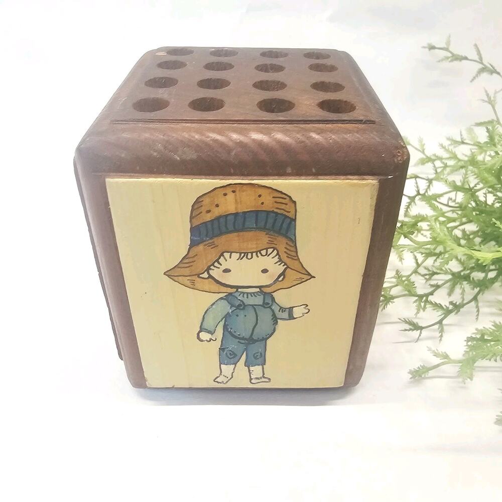 Holly Hobby Hand Crafted Wooden Pencil/Pen Holder Vintge 70s Shop Class Project